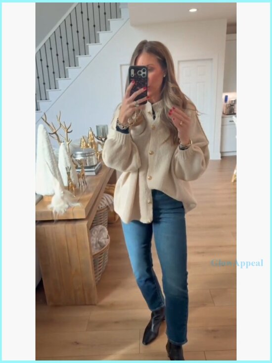 Oversized Chunky Knit Cardigan with Lantern Sleeves, Button Front, Soft - Picture 6 of 7